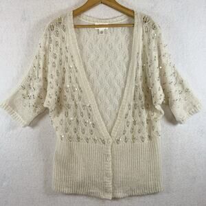 Ann Taylor Womens Open Knit Mohair Wool Top Sz L Ivory Beaded Sequin Balletcore